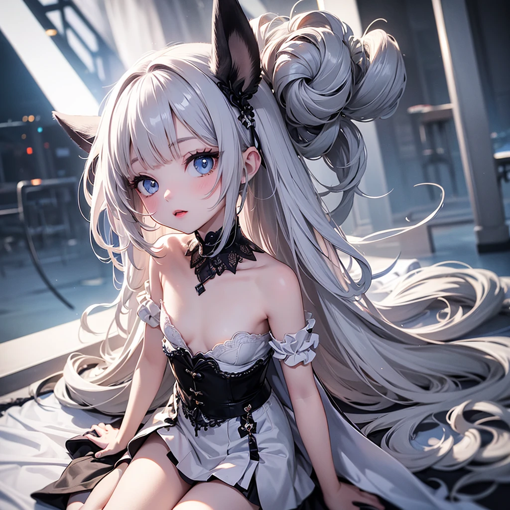 silver hair, dog ears, white dress,wavy hair,delicate features quiet gaze,beautiful half body illustration,beautiful backgraund,atmospheric lighting,sharp focus,vlumetric lighting,cute face,reduce saturation,fine detailed face,small nose and mouth,volumetric top lighting,bold line painting, soft shadow,((masterpiece, best quality)), (1girl), (solo), (female focus),small breasts,flat tits,Lolita,short height,skinny girl,blue eyes,open legs,animal ears,
