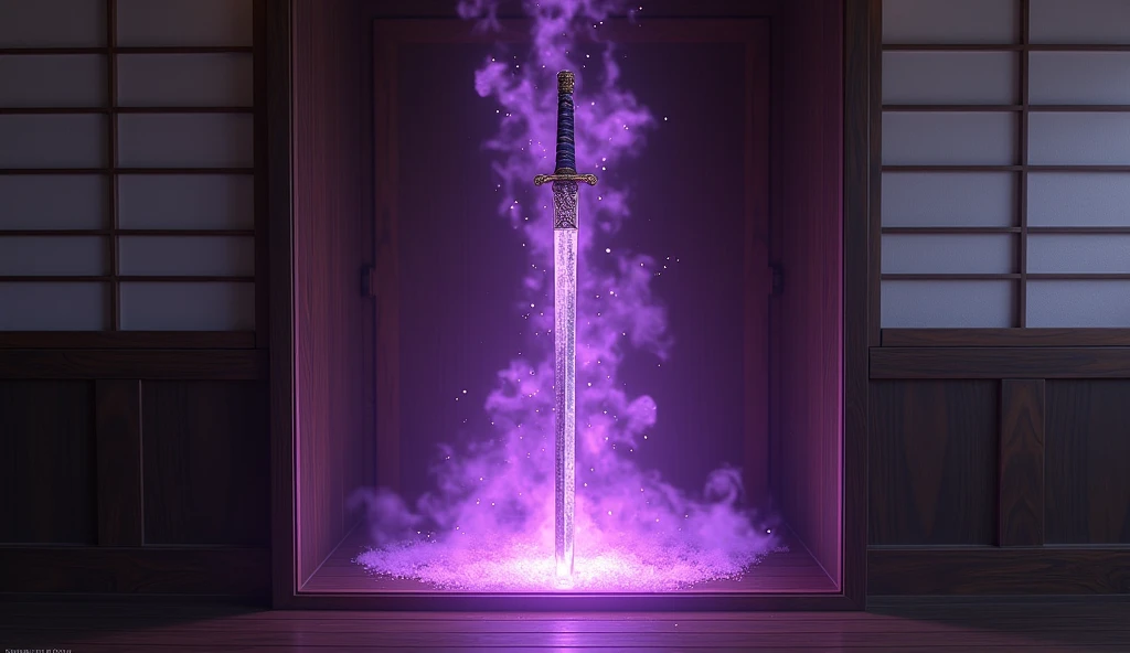 Katana, Japanese sword, Yobutou, sword surrounded by a purple aura, 
detailed blade, detailed sword hilt, swords displayed in an alcove in a Japanese-style room during the Edo period