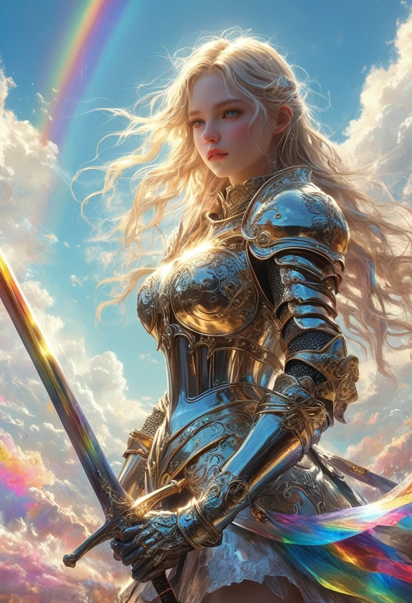 It's flying in a beautiful sky、level flight、 Expanding Blue Sky and Rainbow Clouds 、 fantasy girl knight , silver、 Plastic Armor 、gold、Plastic rapier 、 the rainbow spectrum emits light from a thin sword、 Ride the rising air stream 、Dynamic Angle、Grassland on the horizon 