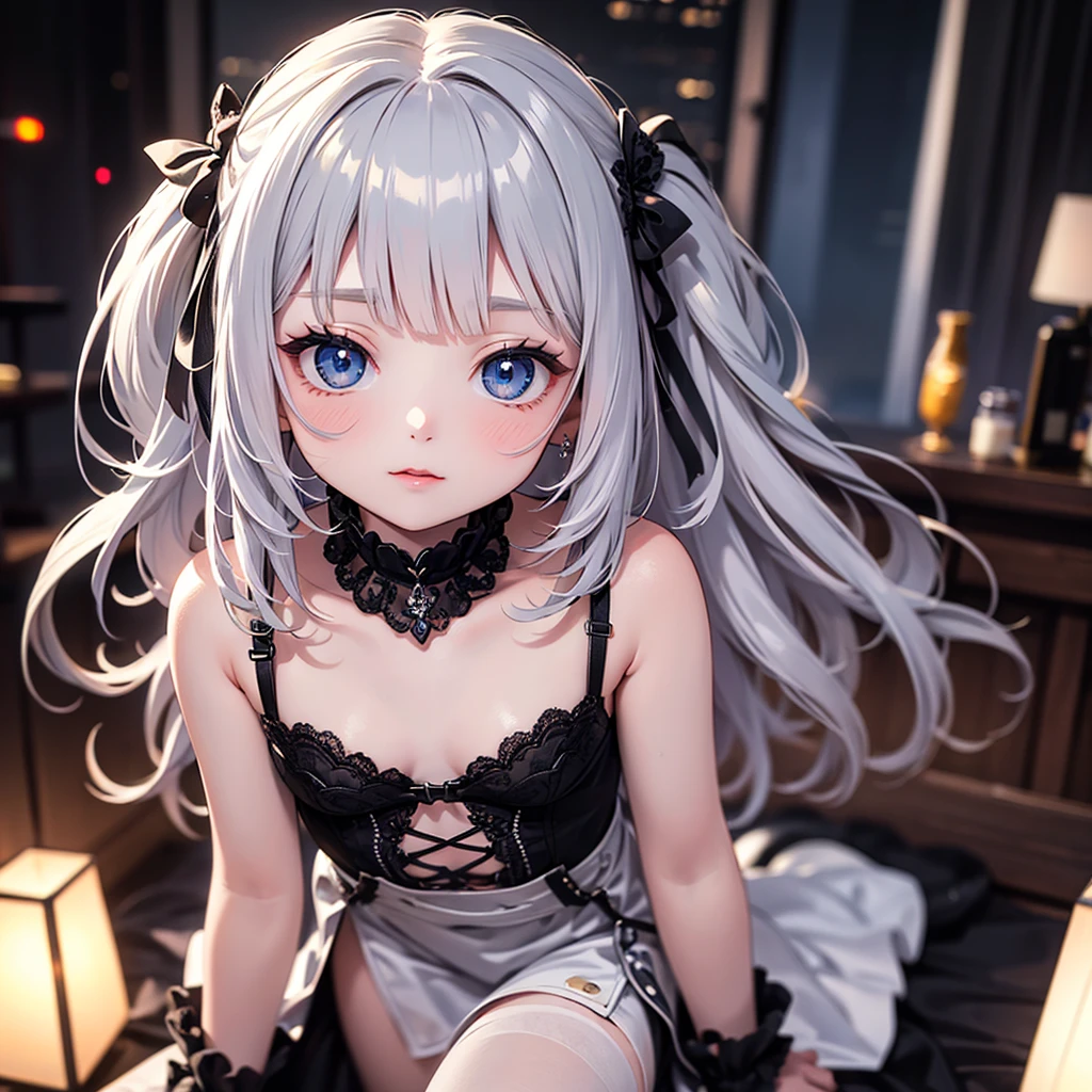 silver hair, dog ears, white dress,wavy hair,delicate features quiet gaze,beautiful half body illustration,beautiful backgraund,atmospheric lighting,sharp focus,vlumetric lighting,cute face,reduce saturation,fine detailed face,small nose and mouth,volumetric top lighting,bold line painting, soft shadow,((masterpiece, best quality)), (1girl), (solo), (female focus),small breasts,flat tits,Lolita,short height,skinny girl,blue eyes,open legs,animal ears,
