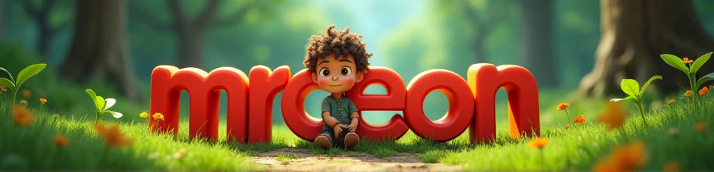 A boy with long, curly brown hair that falls below his shoulders, big brown eyes, a round face, and honey-colored skin, playing with letters L I J U in a park. The animation should look like it was created with colors and pencil.