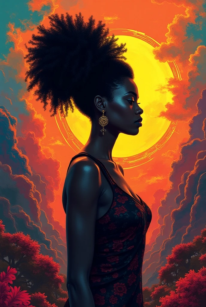 "Oil painting with impasto thick brush strokes. A beautiful black woman sitting over a roof of a japanese house at night with stars flying around its head, a full body shot, in the style of impressionism with thick paint texture and a low angle view against a dark background creating a dreamy, fantasy-like and surreal mood. A vintage oil painting"