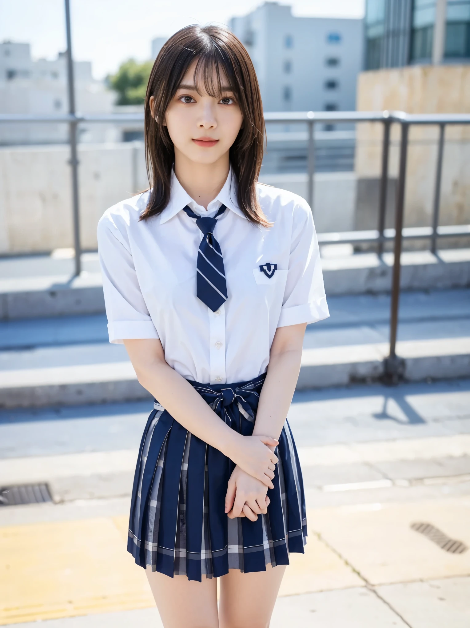 (8k、 RAW Photos、 High Quality、 High Quality、Impressive:1.2)、( real、 real)、 1 girl、((blue and white check miniskirt、High School Uniform、Collared Y-shirt、tie、Navy Socks、 Loafers、 medium hair、Thin legs、Schoolyard、 standing facing the front 、 stand with your hands on your lower back))、cute、 highly detailed face、 Highly Detailed Lips、 detailed eyes on board、double eyelid、 ecstatic expression、 expression feeling 、 sensual expression、