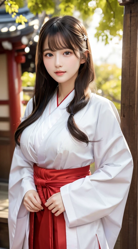 (masterpiece:1.3), (8K, Realistic, RAW Photos, Best image quality: 1.4), raw photo, Japanese, (1 Girl), beautiful girl, (delicate beauty, slender), white kimono, (scarlet hakama), red pleated skirt, Shrine Maiden Costume、((miko dressing)), Straight long hair with neatly cut ends, Black long Shiny hair, Smooth and silky hair, with blunt bangs, (wind shaking hair), fair complexion, (immaculate), light makeup, glossy cheeks, (light on cheeks), natural light, beautiful girl, (immaculate),
 Beautiful Face, (sorry), Through clenched teeth、Beautiful Hairstyles, Realistic eyes, Beautiful Eyes, (Realistic Skin) ,Beautiful Skin, charm, Ultra-high resolution, Surreal, (Big Breasts)、Attention to detail,  Detail Makeup,View your viewers、((Shrine at night))、Shaved pubic hair、((Full body portrait))、Domestic、