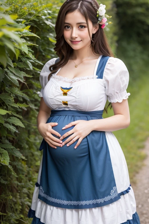 1 woman, 25 years old, 9  pregnant, british, very pale skin, white skin, black hair, straight hair, long hair, braids, onyx black eyes, straight nose, small button nose, big eyes, long eyelashes, very pretty woman, pink lips, medium size breast, thin waist, smile, flower crown, in the garden, standing, short dress, side profile, full body