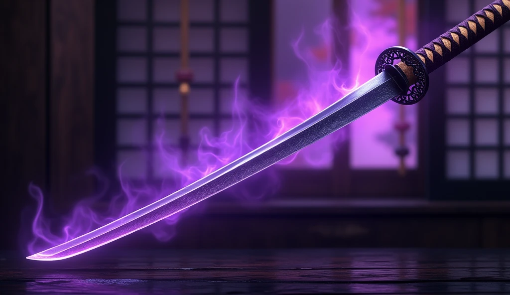 Katana, Japanese sword, Yobutou, sword surrounded by a purple aura, 
detailed blade, detailed sword hilt, close-up of a sword displayed in an alcove in an Edo period Japanese room, sword on a sword-hanging stand