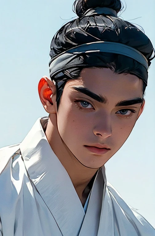 Masterpiece, best quality,1 male, semi-realistic, ultra-detailed, (beautiful detailed face and eyes and hair:1.1), handsome, mature, muscular, black hair, slanted eyes, datailed face, topknot, see-through headband, white hanbok, little sad, sky gradation background