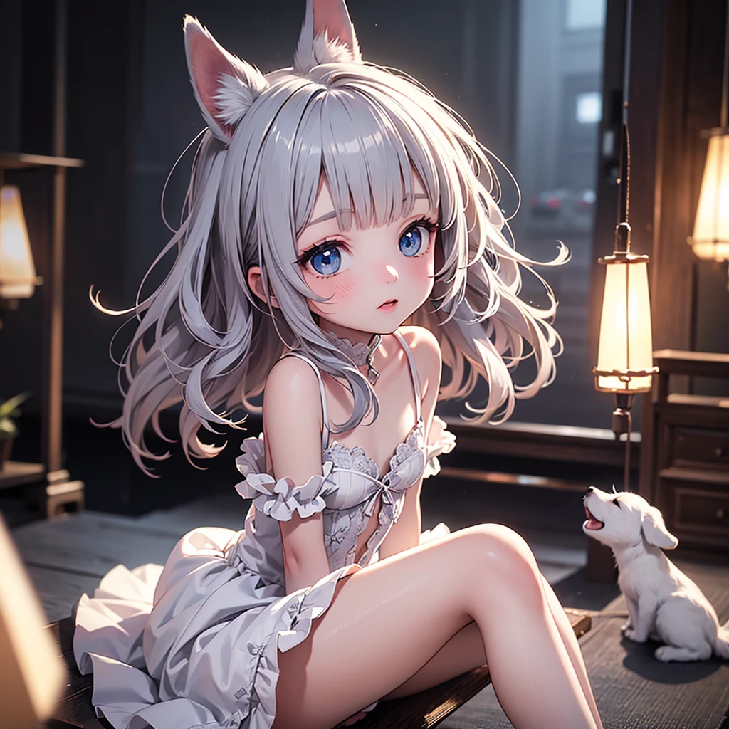 silver hair, dog ears, white dress,wavy hair,delicate features quiet gaze,beautiful half body illustration,beautiful backgraund,atmospheric lighting,sharp focus,cute face,reduce saturation,fine detailed face,small nose and mouth,volumetric top lighting,bold line painting, soft shadow,1girl,solo,female focus,small breasts,flat tits,Lolita,short height,skinny girl,blue eyes,open legs,animal ears,
