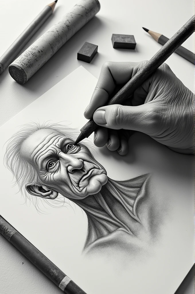 Hand showing middle finger gesture, sketching, drawing with white chalk on black board background. Detailed textures and lines, realistic style.