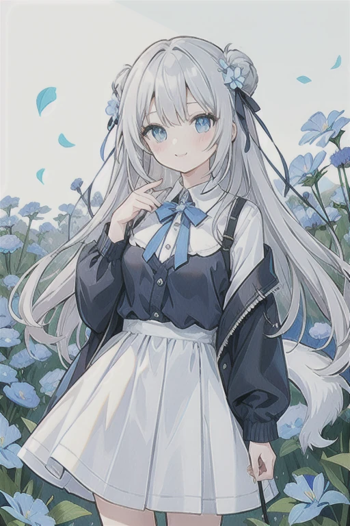 1girl, beautiful detailed eyes, long white hair, light blue eyes, school uniform, high white stocking, vivid, flower, daffodil, hyacinth, falling petals, , high contrast, ((masterpiece, best quality)), cinematic light, cinematic composition