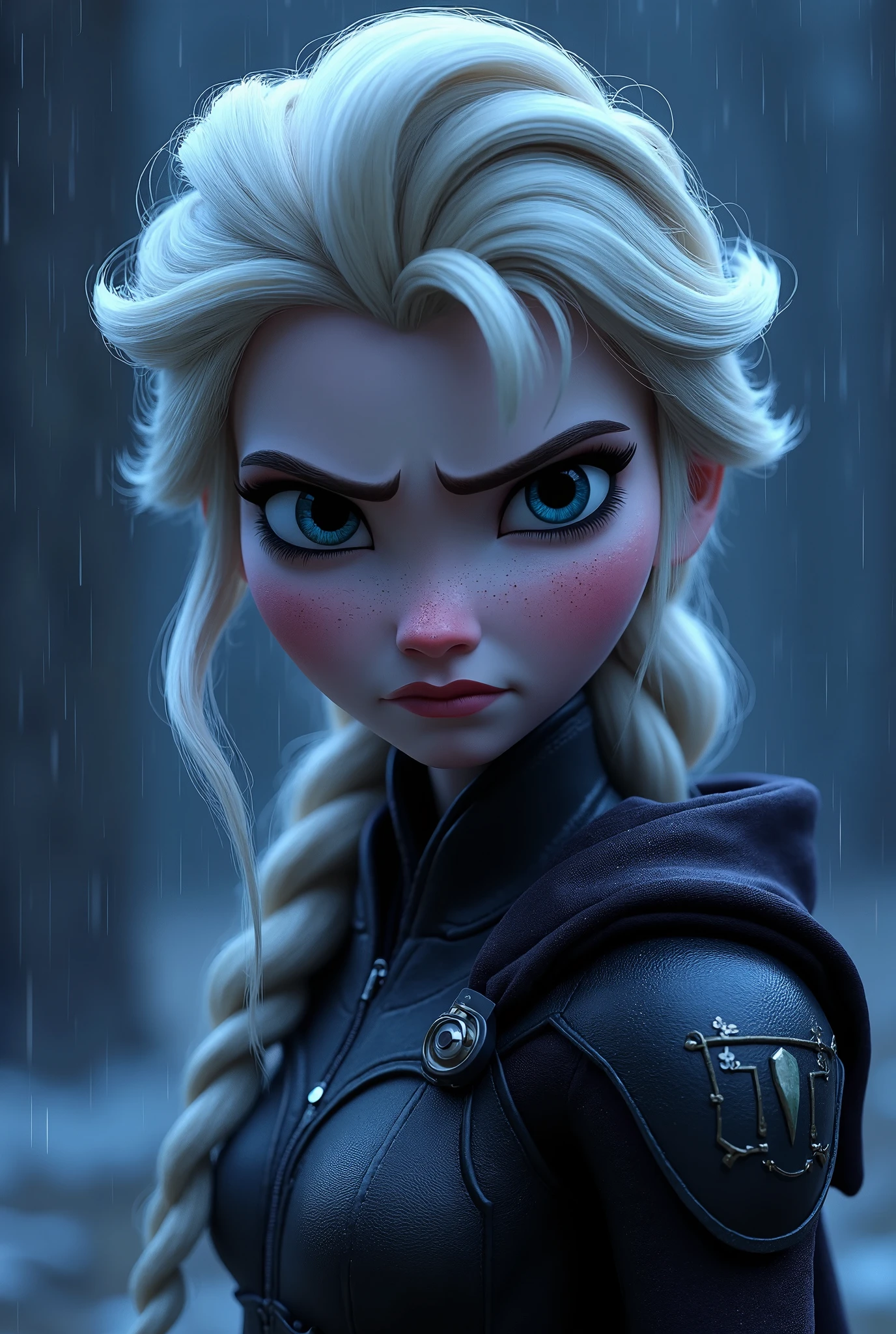 ((((Disney-Pixar)))1.2) a girl with an angry expression, long hair over her eyes, wearing cyberpunk armor, dark scenery, // (((Frozen)):1.3), Elsa //. 