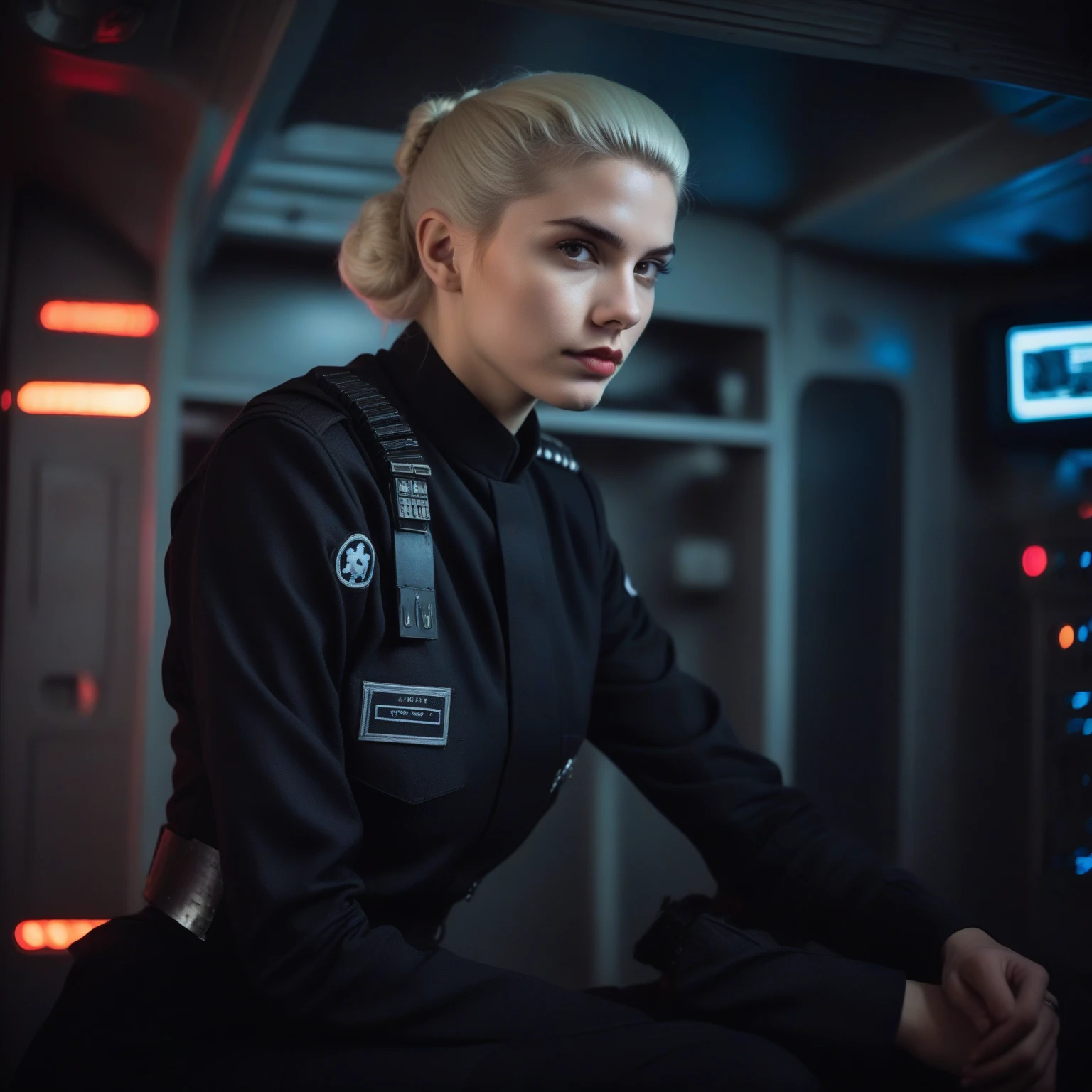 a cinematic film portrait still of a young and attractive male pale instagram model wearing Tie Pilot uniform, with platinum hair tied in a bun and wearing an officer cap, sitting on her sci-fi bunk bed, in a sci-fi ship, full body shot . shallow depth of field, vignette, highly detailed, high budget Hollywood movie by baz luhrmann, bokeh, cinemascope, moody, epic, gorgeous, film grain, grainy