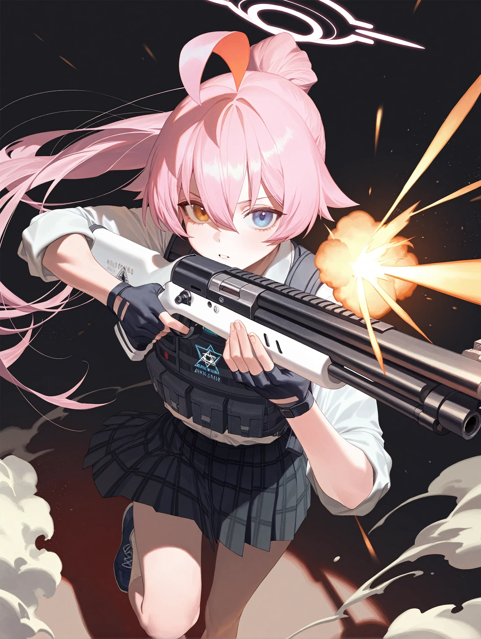 1girl, hoshino \(armed\) \(blue archive\), blue archive, lack, rei \(sanbonzakura\), airseal, (ciloranko:0.75), from above, dutch angle, feet out of frame, beretta 1301, shotgun, foreshortening, leaning forward, muzzle flash, floating hair, ahoge, steam, bulletproof vest, fingerless gloves, firing, hair between eyes, halo, holding gun, holding weapon, looking looking at viewer, parted lips, ponytail, froating, (shade:1.2), (orange theme:0.7), pleated skirt, standing on one leg, sidelocks, sleeves rolled up, solo, dust cloud, light particles, depth of field, black background, (leviathan \(hikinito0902\), modare:0.75), 
,masterpiece,best quality,amazing quality,very aesthetic,absurdres,newest,