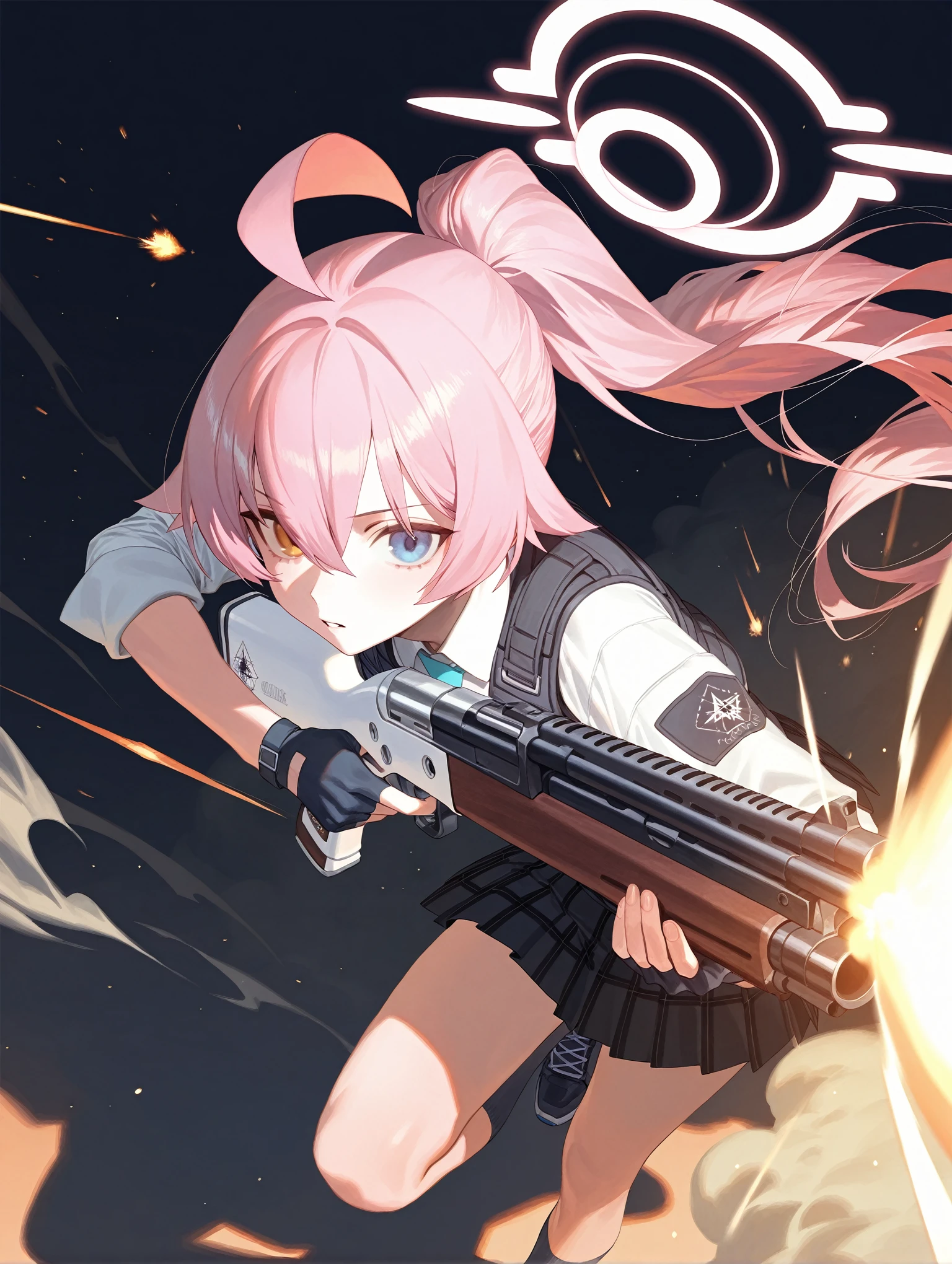 1girl, hoshino \(armed\) \(blue archive\), blue archive, lack, rei \(sanbonzakura\), airseal, (ciloranko:0.75), from above, dutch angle, feet out of frame, beretta 1301, shotgun, foreshortening, leaning forward, muzzle flash, floating hair, ahoge, steam, bulletproof vest, fingerless gloves, firing, hair between eyes, halo, holding gun, holding weapon, looking looking at viewer, parted lips, ponytail, froating, (shade:1.2), (orange theme:0.7), pleated skirt, standing on one leg, sidelocks, sleeves rolled up, solo, dust cloud, light particles, depth of field, black background, (leviathan \(hikinito0902\), modare:0.75), 
,masterpiece,best quality,amazing quality,very aesthetic,absurdres,newest,