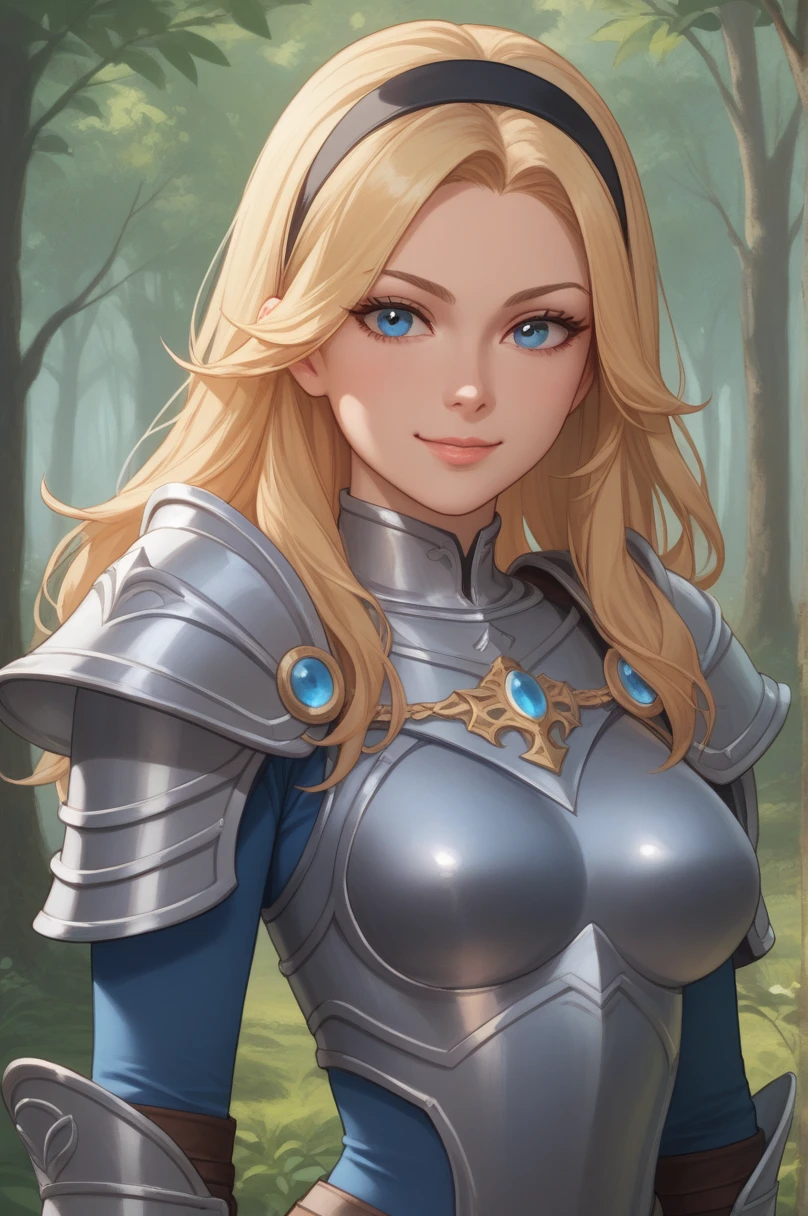 score_9, score_8_up, score_7_up, score_6_up, score_5_up, score_4_up, LuxLoLXL, blue eyes, blonde hair, long hair, black hairband, medium breasts, collarbone, shoulder armor, armor, blue bodysuit, breastplate, long sleeves, (portrait, upper body), seductive smile, looking at viewer, forest, tree <lora:LuxLoLXL:0.8>