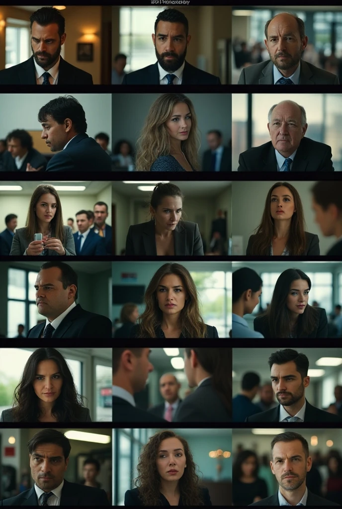 portrait of only  one middle aged German girl with saggy tits working in an office building while being observed by a group of five perfectly dressed met, that are dressed as lawyers with suits and ties