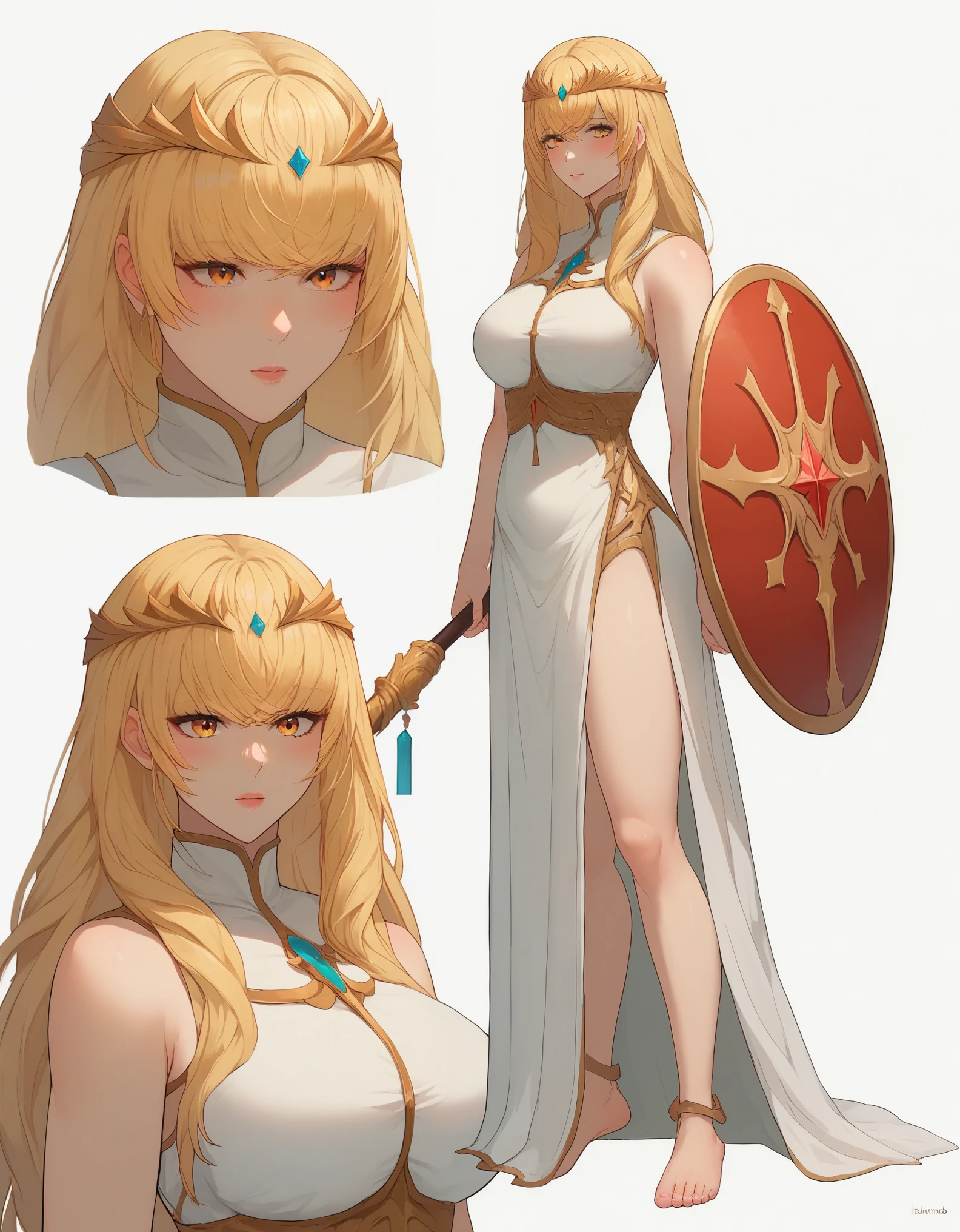 19 yo, ( girl), (anime girl with long blonde straight smooth hair braidstrands and curtain-bangs:1.5), a saint/shield-bearer white-gold bareshoulders dress, simple golden-circlet, a priestess with amber eyes, anime moe artstyle, waifu, (mature woman with lean perfection abdomen:1.5), sweet sweet mommy's expression, blushing confident, (Droopiest Gigantic Largest), (1 arm behinds head - swaying hair), Curvy body, legs apart, (holding a Saint Staff on one hand and a Holy Shield on another hand:1.2), BREAK, simple white background, side view full body shot, (Smooth shading), subtle highlights, warm & soft pallette, polished painterly look, moe anime-style final fantasy brave exvius wars of the vision digital artstyle, character illustration style, character sheet, 2.5D, 128K UHDR Best Quallity