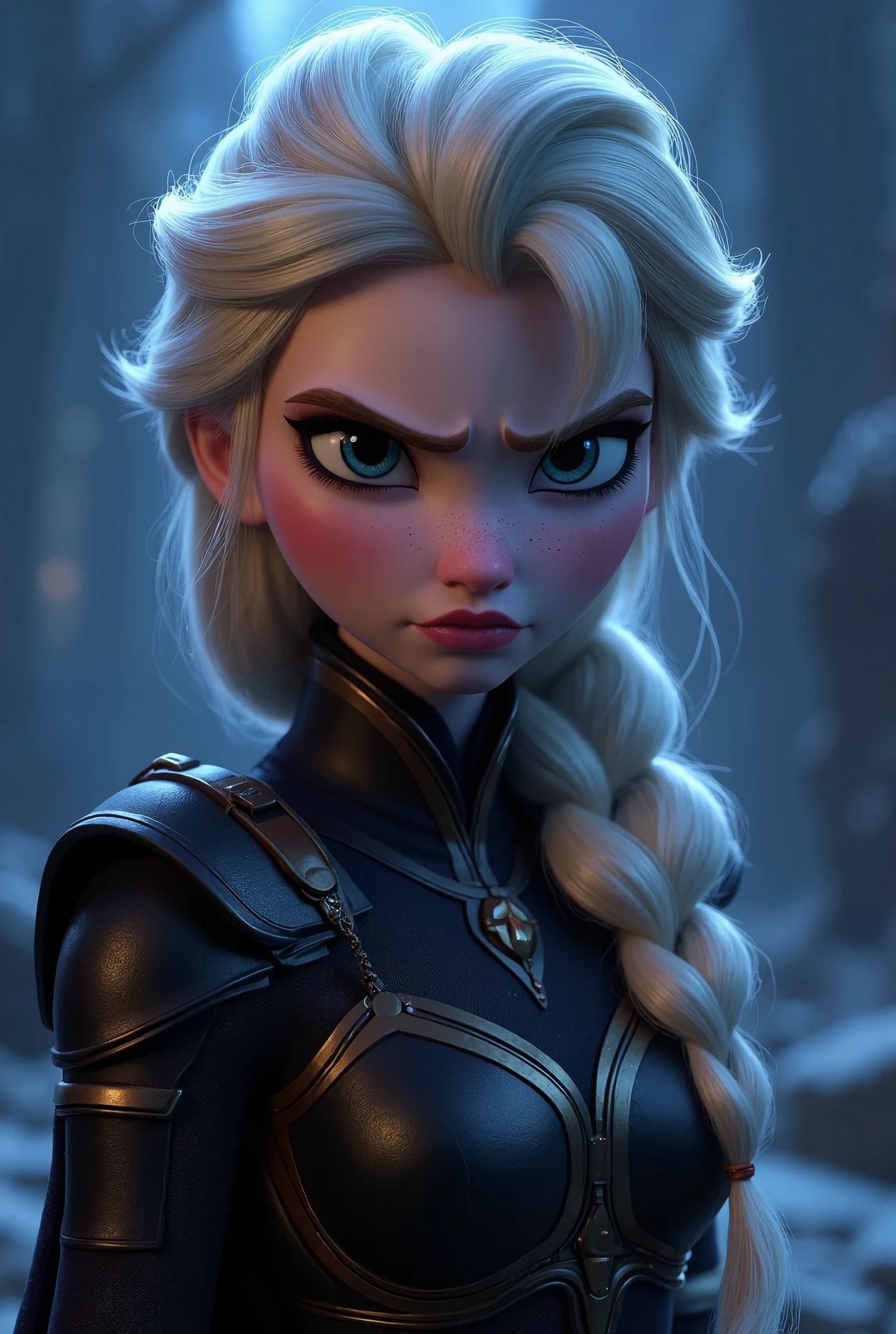 ((((Disney-Pixar)))1.2) a girl with an angry expression, long hair over her eyes, wearing cyberpunk armor, dark scenery, // (((Frozen)):1.3), Elsa //. 