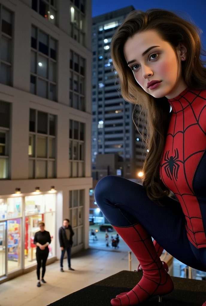  hyper-realistic and detailed Longford full-body building wearing the Spider-Man's clothing ,  in An urban night in a city filled with skyscrapers ,  illuminated only by neon lights and street poles .  she is strategically crouched on the roof of a ,  looking closely down .  as a subtle breeze moves her hair slightly , In the building in front ,  through an illuminated store window ,  two armed thugs are threatening a seller who is nervously behind the cashier, with hands raised.  The tension in the scene is palpable ,  and the reflection of the city lights creates dramatic shadows around .  she gets ready to act ,  with tense muscles and visible determination in her posture ,  about to intervene in the action that unfolds .".  perfect eyes, ( eye makeup  :1.1), (detailed skin:1.1), (perfect large ), CRU, analog style, sharp focus, 8K UHD, dslr camera,  high quality, Fujifilm XT3, grain, awarded, masterpiece.