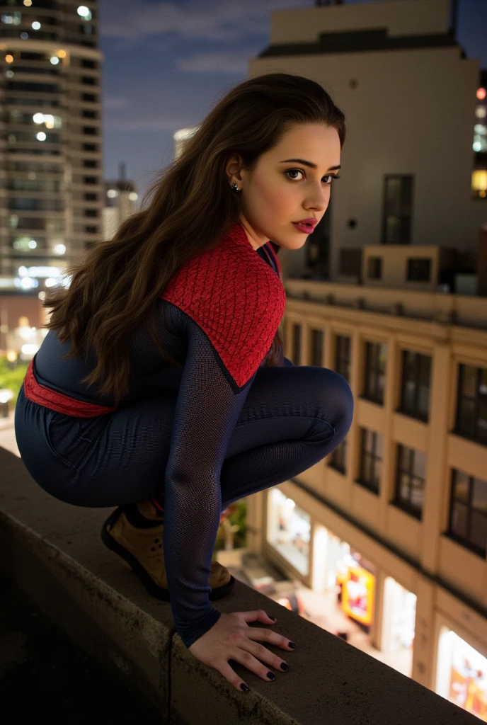 Hyper-realistic and detailed full-body Longford photo wearing the Spider-Man outfit,  in An urban night in a city filled with skyscrapers ,  illuminated only by neon lights and street poles .  she is strategically crouched on the roof of a ,  looking closely down .  as a subtle breeze moves her hair slightly , In the building in front ,  through an illuminated store window ,  two armed thugs are threatening a seller who is nervously behind the cashier, with hands raised.  The tension in the scene is palpable ,  and the reflection of the city lights creates dramatic shadows around .  she gets ready to act ,  with tense muscles and visible determination in her posture ,  about to intervene in the action that unfolds .".  perfect eyes, ( eye makeup  :1.1), (detailed skin:1.1), (perfect large ), CRU, analog style, sharp focus, 8K UHD, dslr camera,  high quality, Fujifilm XT3, grain, awarded, masterpiece.