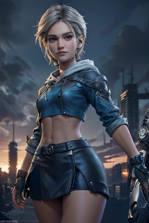 Young woman,  short hair , blue top, Black miniskirt, Brown knee-high boots,  gray hoodie tied at the waist, magnificent anatomy ,  Dynamic Pose , face to the camera,  gears and bolts ,  mechanical engineering ,  composition epic character,  Natural lighting,  sharp focus,  ultra resolution , bottomless.