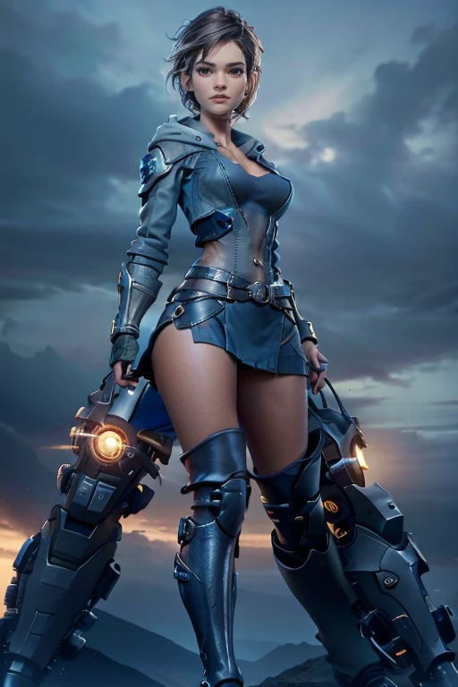 Young woman,  short hair , blue top, Black miniskirt, Brown knee-high boots,  gray hoodie tied at the waist, magnificent anatomy ,  Dynamic Pose , face to the camera,  gears and bolts ,  mechanical engineering ,  composition epic character,  Natural lighting,  sharp focus,  ultra resolution , bottomless.