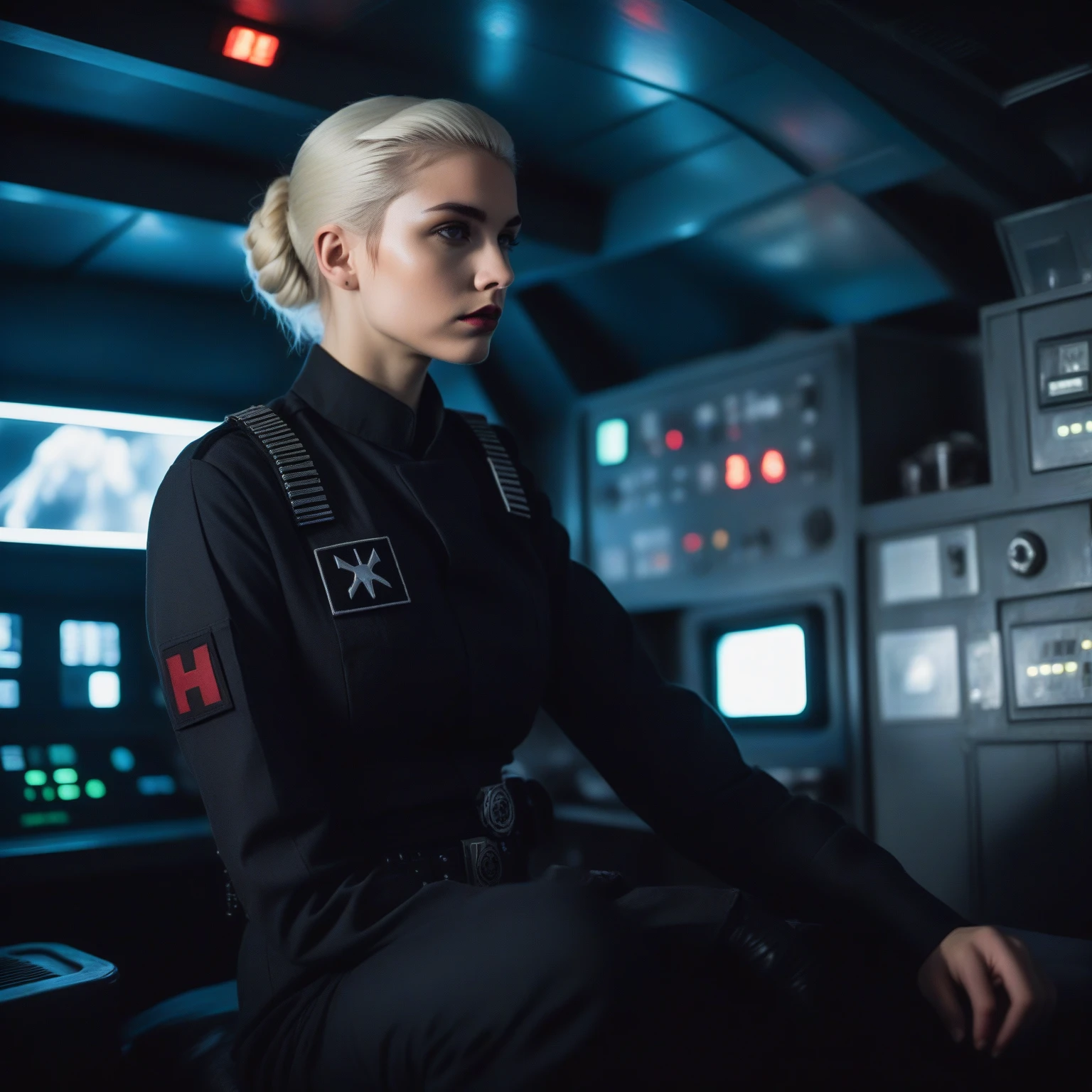 a cinematic film portrait still of a young and attractive man pale instagram model wearing Tie Pilot uniform, with platinum hair tied in a bun and wearing an officer cap, sitting on her sci-fi bunk bed, in a sci-fi ship, full body shot . shallow depth of field, vignette, highly detailed, high budget Hollywood movie by baz luhrmann, bokeh, cinemascope, moody, epic, gorgeous, film grain, grainy