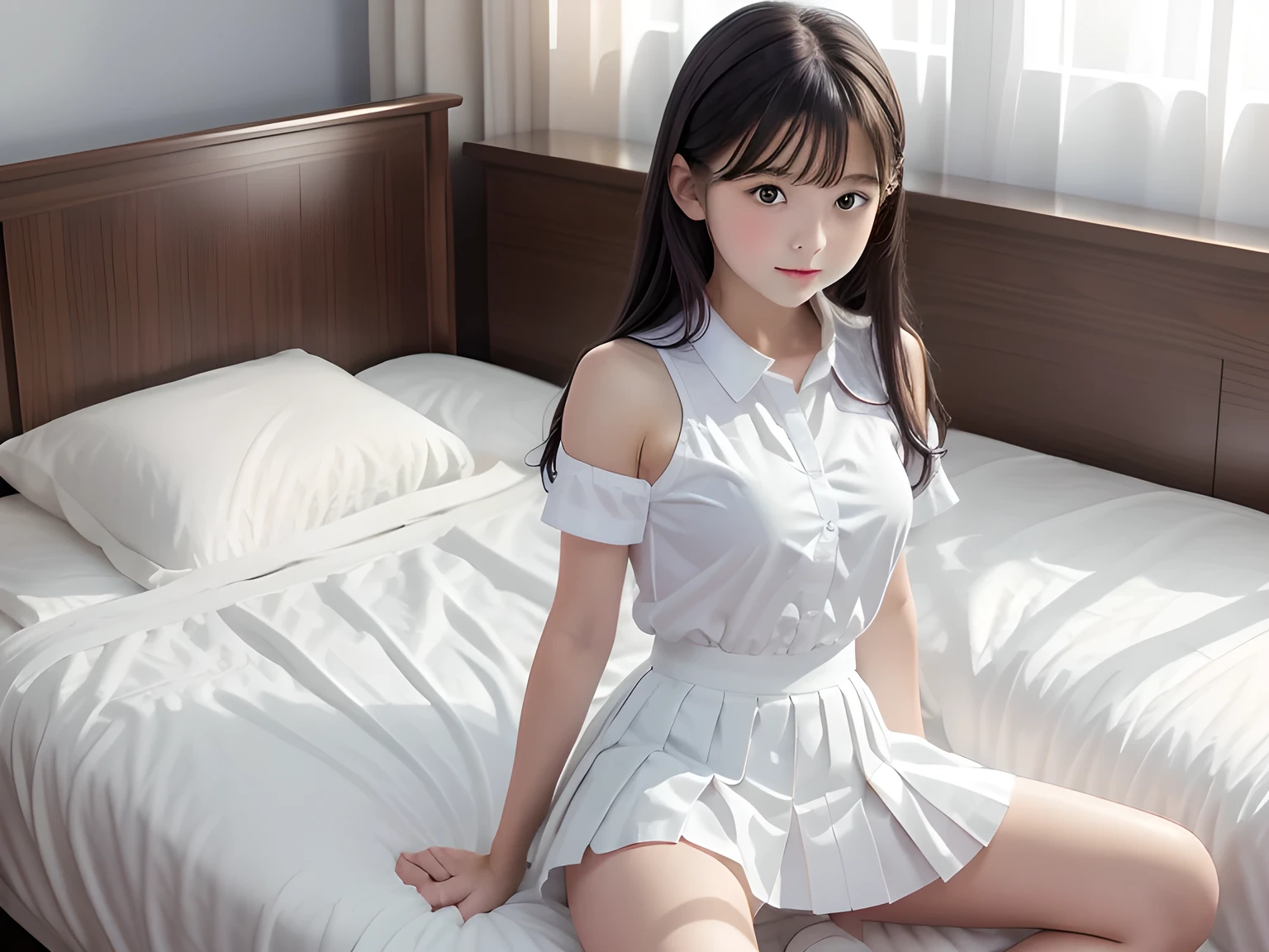 masterpiece, high quality, high resolution on down, , Baby Face, one girl, Kogayes, pleated skirt, (( white miniskirt)), white shirt with shoulders out, long black hair , on the bed, Masturbation, sleep, sexually excited expression, Spread your legs, Climax,