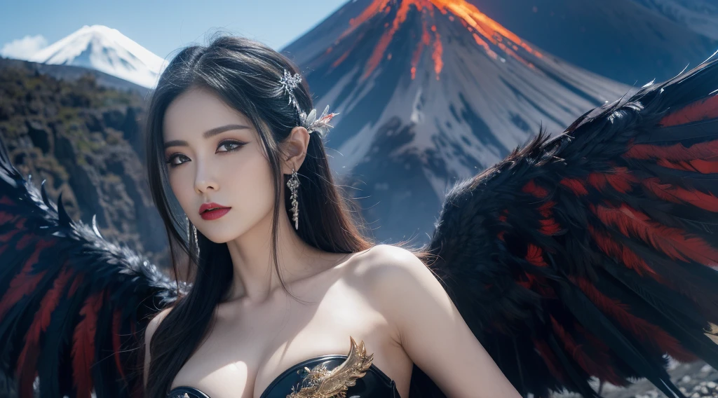 hyper HD，Raised sexy，arrogant，A mature woman，Dragon's Horn，Large breasts，Black feathered wings，（Medium portrait：1.8），With volcano as background，Hellfire，mystic symbols，magia，theatrical