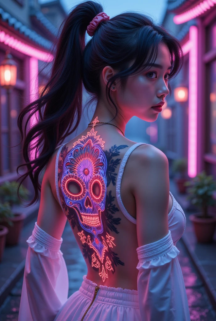 GGGJAAA,figure costume in the shape of neon skull glass, A stunning 3D  Japanese cartoon-style render of a beautiful woman with a mesmerizing mandala tattoo on her back.  The mandala has a complex , The patterns are colorful， blends traditional and modern design .  The woman is already , Flowing black hair， wearing a sleeveless white top ， showing her toned shoulders .  The background is a dark purple and blue mix ,  Has a sense of depth and dimension , Enhanced 3D effect ., 3D Rendering,  Japanese cartoon
