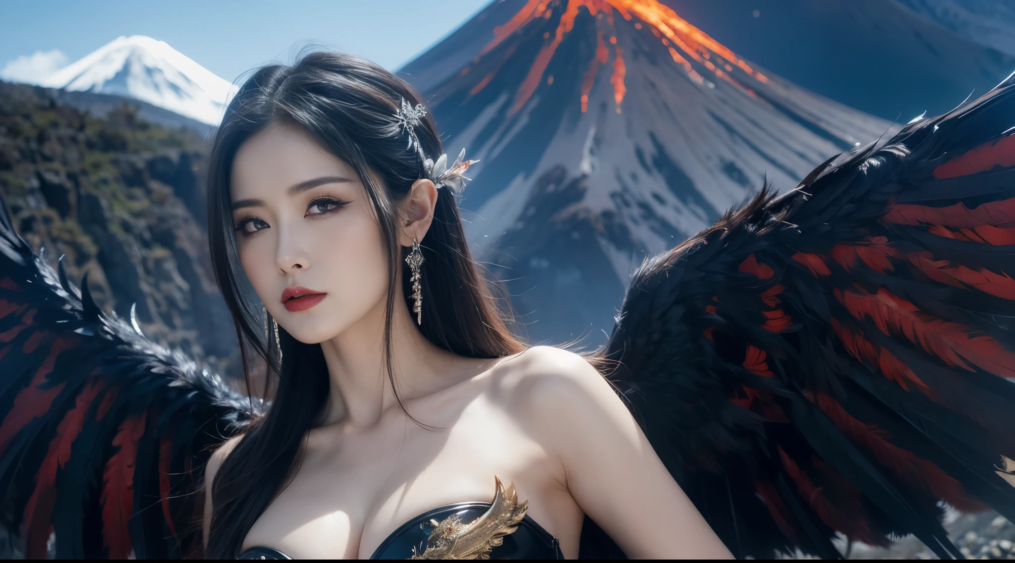 hyper HD，Raised sexy，arrogant，A mature woman，Dragon's Horn，Large breasts，Black feathered wings，（Medium portrait：1.8），With volcano as background，Hellfire，mystic symbols，magia，theatrical