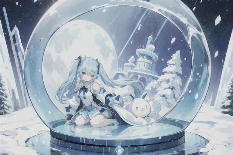 · Hatsune Miku · Light Blue Long Tail · Smiling · Light Blue Long Sleeve Dress · Holding a Snow Globe · In the Winter Forest · On a Frozen Lake · Deep Night · Full Moon · Blue Steam · White Castle · Top Quality