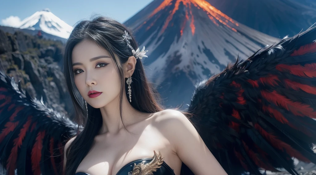 hyper HD，Raised sexy，arrogant，A mature woman，Dragon's Horn，Large breasts，Black feathered wings，（Medium portrait：1.8），With volcano as background，Hellfire，mystic symbols，magia，theatrical