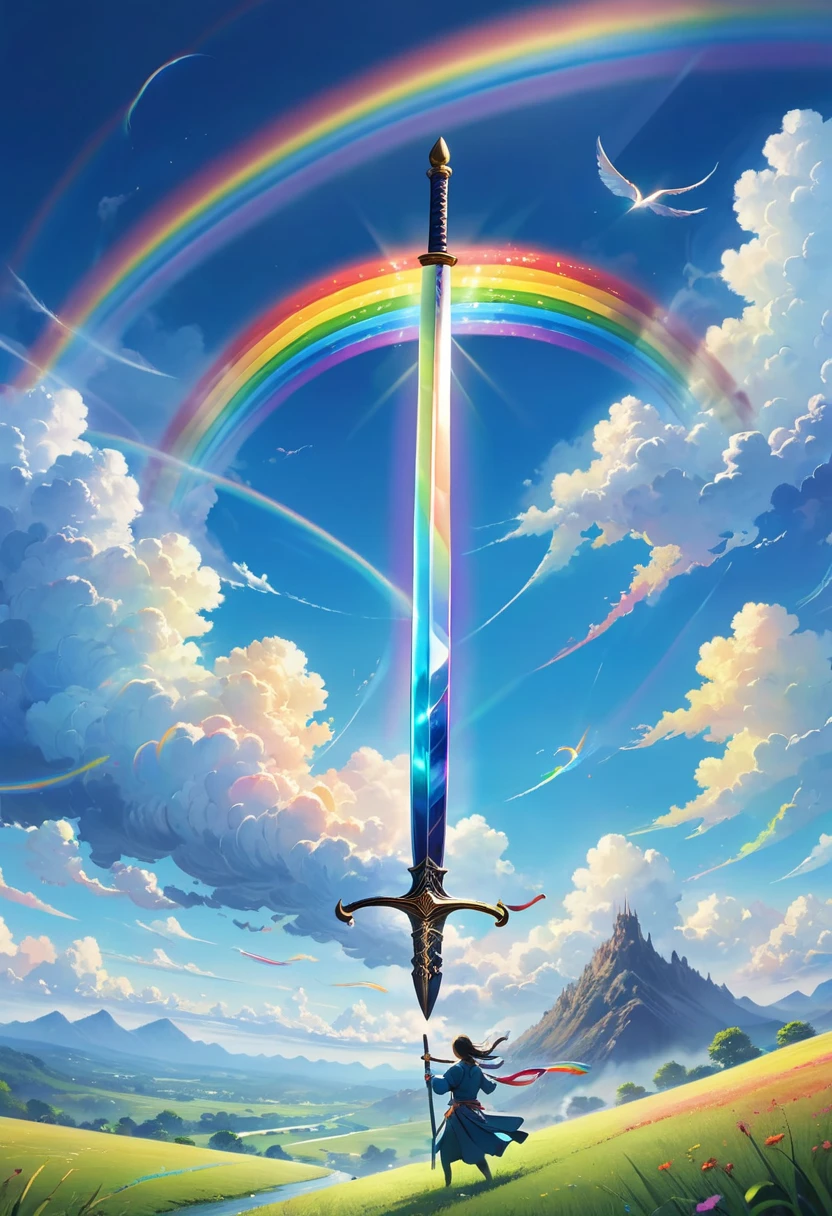 It's flying in a beautiful sky、level flight、 Expanding Blue Sky and Rainbow Clouds 、 Plastic Rapier、The rainbow spectrum emits light from a thin sword、 Ride the rising air stream 、Dynamic Angle、Grassland on the horizon 