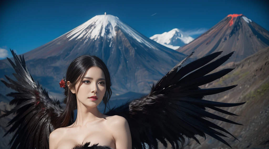 hyper HD，Raised sexy，arrogant，A mature woman，Dragon's Horn，Large breasts，Black feathered wings，（Medium portrait：1.8），With volcano as background，Hellfire，mystic symbols，magia，theatrical