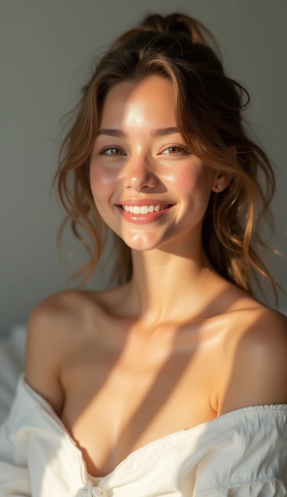 color photo of woman with glowing, hydrated skin,
radiant complexion, youthful appearance,
healthy skin with a natural glow,
soft, supple skin that looks nourished and well-hydrated,
environment filled with soft lighting, cozy ambiance, skincare products scattered around,
feeling of confidence, self-assurance, contentment,
camera settings: Canon EOS 5D Mark IV, Kodak Portra 400 film, 50mm lens, natural light photography techniques,
directors: Quentin Tarantino, cinematographers: Roger Deakins, photographers: Annie Leibovitz, fashion designers: Alexander McQueen, Givenchy
—c 10 —ar 2:3