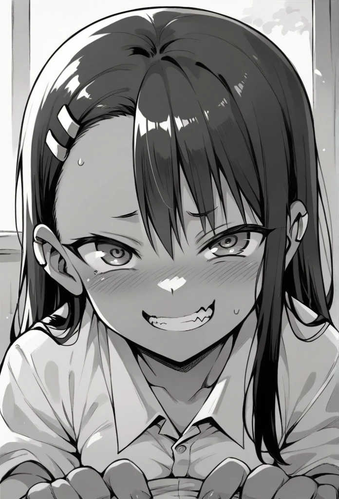 score_9, score_8_up, score_7_up,shingeki_no_kyojin_s4_style, portrait, solo,lora:nagatoro hayase-000015:0.63> a girl nagatoro hayase standing in a japanese school hallway, she is wearing a collared white shirt, she has a smug expression and a smirk on her face, her mouth is closed, her face is hyper detailed, draw it in the style of Don't Toy with Me, Miss Nagatoro, The soft lighting and detailed