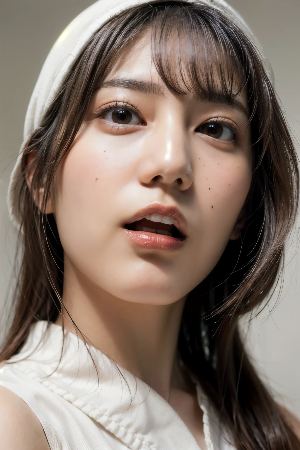(realistic, photo-realistic:1.37), (master piece, best quality), high resolution photograph of a Japanese female idol, extremely detailed, intricate details, sharp focus, portrait, solo, 1girl, (half-open mouth, showing nostril, chin lift:1.5), (face focus, from below:1.2), lewdlook, dark hair, straight hair, blunt bangs, detailed face, detailed eyes, sophisticated nose, pale skin, fine-textured skin, simple background,