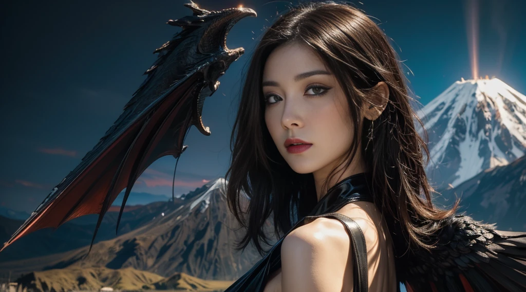 hyper HD，Raised sexy，arrogant，A mature woman，Dragon's Horn，Large breasts，Black feathered wings，（Medium portrait：1.8），With volcano as background，Hellfire，mystic symbols，magia，theatrical