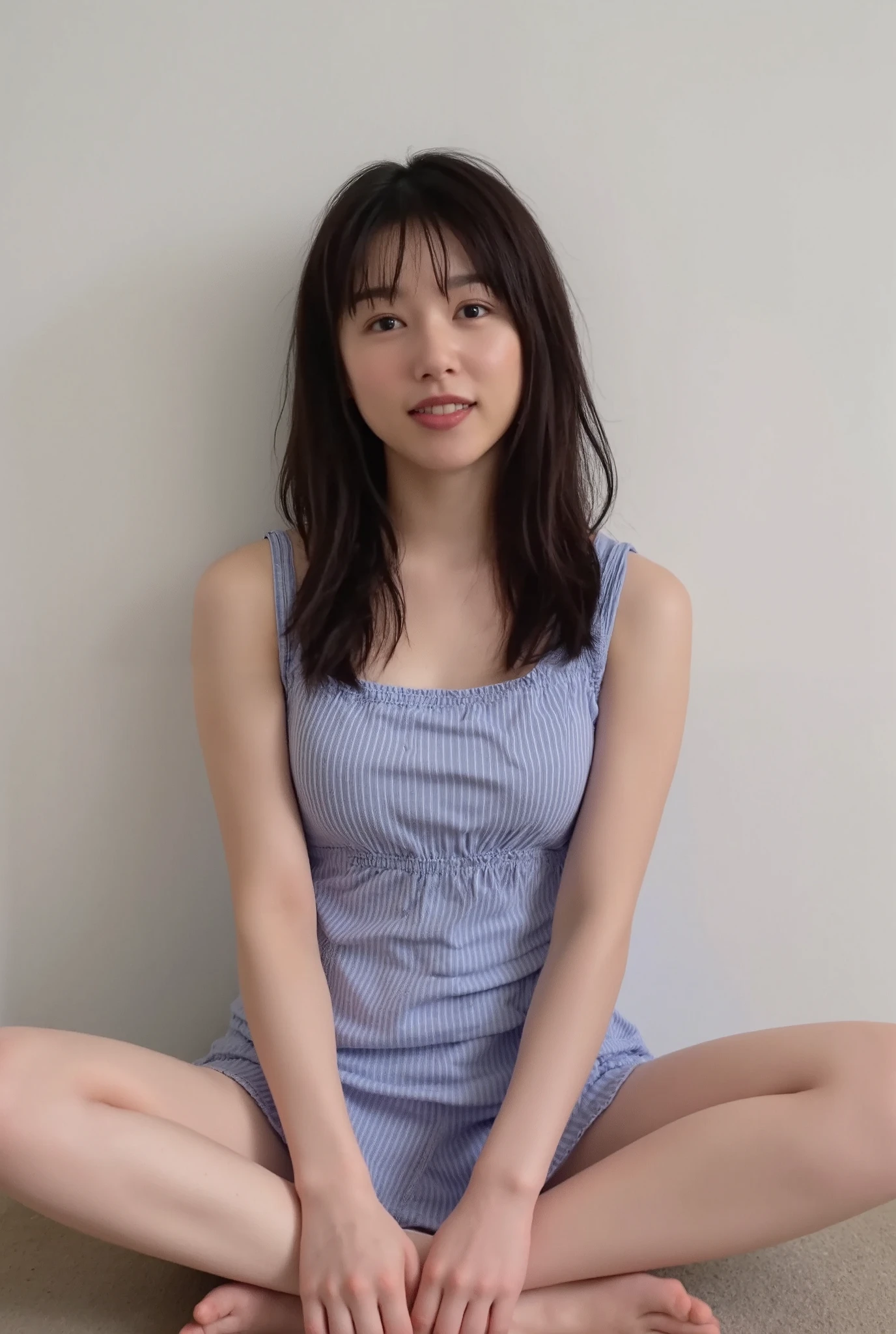 Full body shot from the front、Wear off-the-shoulder mini one-piece pajamas, bend your knees, spread your legs, take a cross-legged pose, and sit while looking at me, Slender bare legs 、smile、The background is a monotone 

