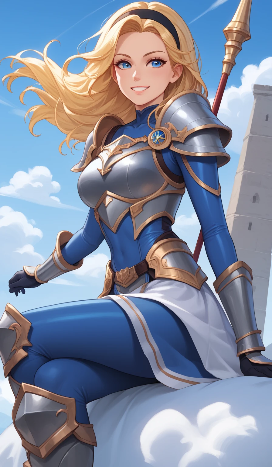 score_9, score_8_up, score_7_up, score_6_up, score_5_up, score_4_up, LuxLoLXL, blue eyes, blonde hair, long hair, black hairband, medium breasts, collarbone, shoulder armor, armor, blue bodysuit, breastplate, long sleeves, faulds, skirt, blue pants, armored boots, big breasts, smile, alone full body,sitting on a cloud, blue sky clouds,flying in the sky , knee high boots,LuxLoLXL, blue eyes, blonde hair, long hair, black hairband, medium breasts, collarbone, shoulder armor, armor, blue bodysuit, breastplate, long sleeves, faulds, skirt, blue pants, armored boots, holding staff