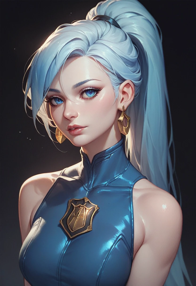 ninja, blue ninja suit, pretty face, serious face, white hair, blue eyes, lightning eye effect, perfect body, fit body, big breasts, muscular, black mouth mask, bokeh, UHD, side lighting,