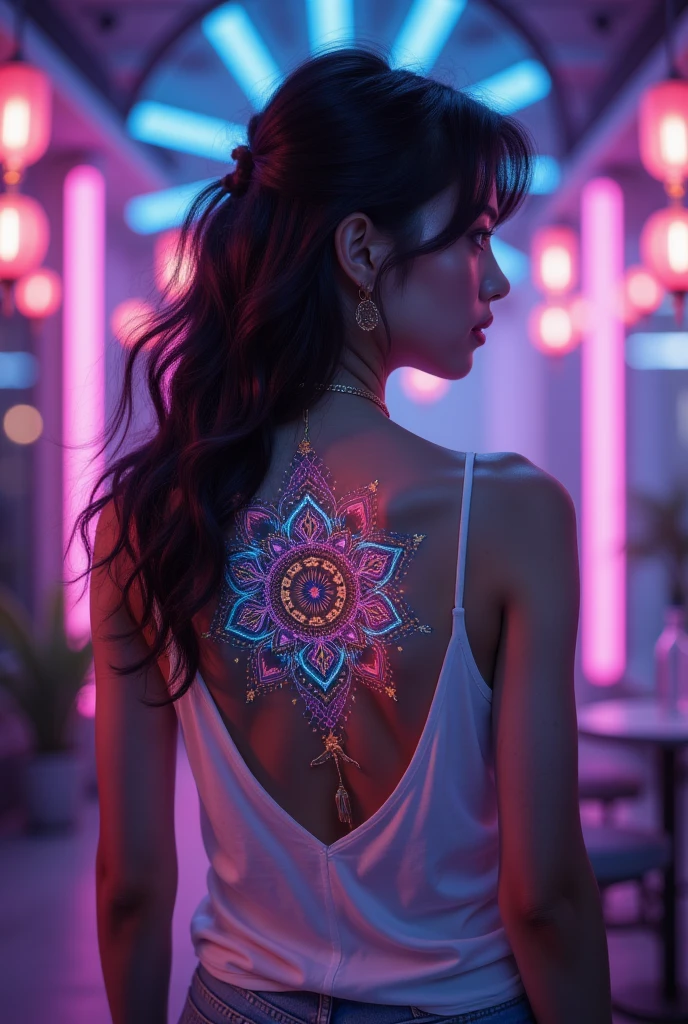 GGGJAAA ,Figure costume ， shaped like a neon skull glass , A stunning 3D   Blurred foreground -style render of a beautiful woman with a mesmerizing mandala tattoo on her back.   The mandala has a complex  ,  colorful patterns ，  blends traditional and modern design  .   This woman has  ,  Flowing black hair ，  wearing a sleeveless white top  ，  showing her toned shoulders  .   The background is a dark purple and blue mix  ,   sense of depth and dimension  ,  enhanced 3D effect  ., 3D Rendering,   Blurred foreground 
