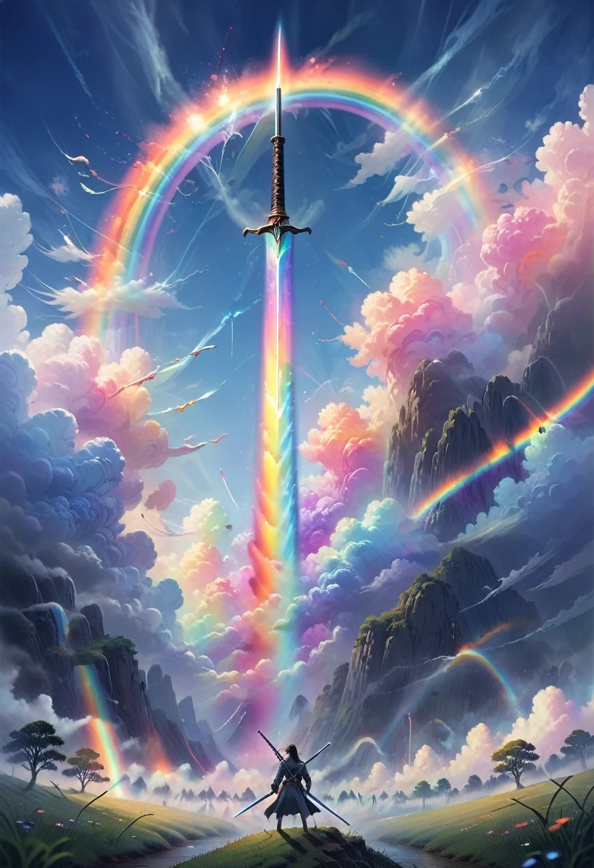 It's flying in a beautiful sky、level flight、 Expanding Blue Sky and Rainbow Clouds 、 Plastic Rapier、The rainbow spectrum emits light from a thin sword、 Ride the rising air stream 、Pale pink fog contains particles and rises while clinging to a thin sword、Dynamic Angle、Grassland on the horizon 