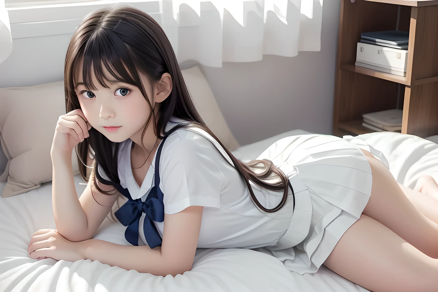 masterpiece,  high quality,  high resolution on down,  **************************, *********,  one girl, Kogara, Big Eyes,  pleated skirt, (( white miniskirt)),  white shirt with shoulders out,  long black hair ,  on the bed, Masturbation, Lie down, sleep,  embarrassed expression, Leg spread, Climax,