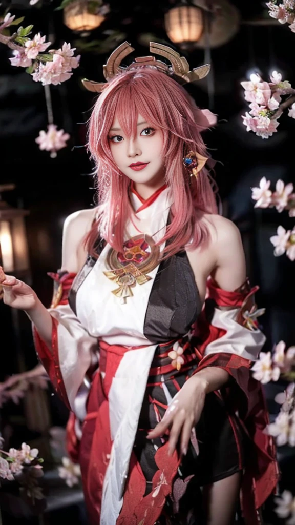 1girl, (ulzzang-6500:0.7), kpop idol, yae miko, detached sleeves, bare shoulders, pink hair, long hair, japanese clothes, best quality, (painting:1.5), (hair ornament:1.35), jewelry, purple eyes, earrings, large_breasts, torii,  cherry blossoms,  lantern light, depth of field, detailed face, face focus, ribbon_trim, (looking at viewer:1.25), nontraditional miko, shiny skin, long sleeves, thick lips, game cg, hands on lips, east asian architecture, (blurry background:1.2), upper body,