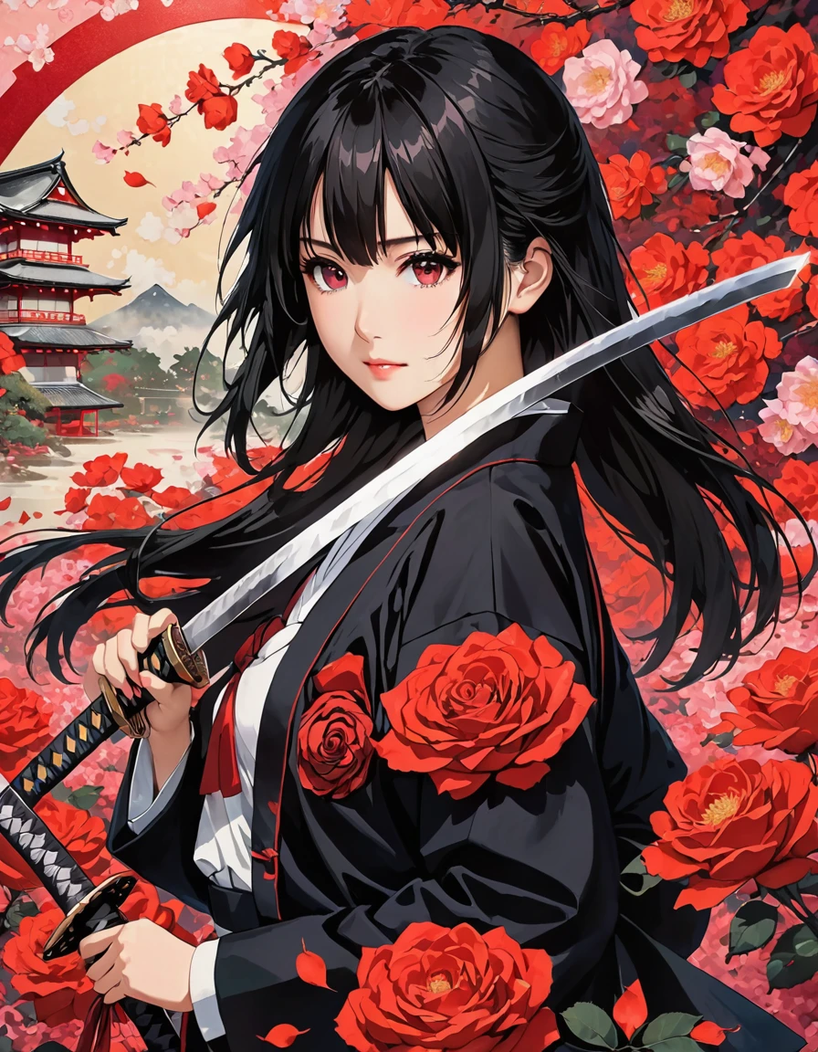 1 girl, a katana sword at the ready in front of a red rose background. neat straight bangs arranged horizontally, Long black hair in Kurohime cut, japanese school uniform, jk uniform, tall, Isayama Yomi. Rose petals fluttering, yandere grimdark, Artistic Japanese Paintings, Accurate katana sword shape. Cowboy Shot, ((masterpiece, highest quality, High resolution))