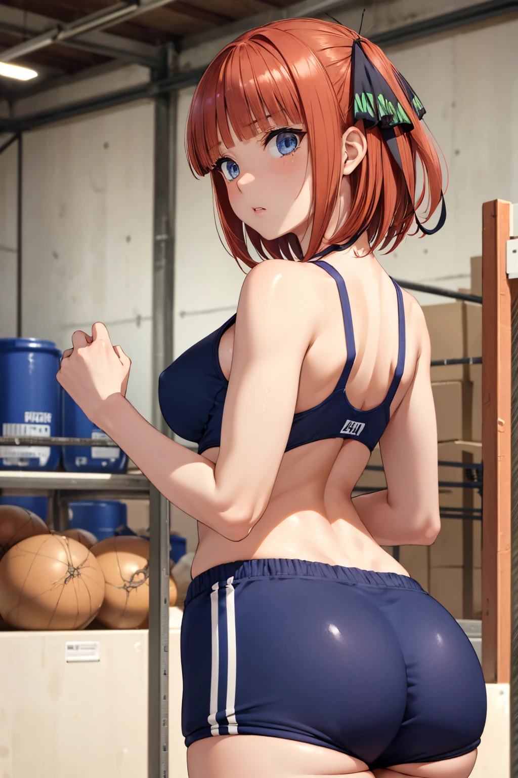 gym storeroom, 1girl, looking back, vaulting horse, balls,, masterpiece, best quality, highly detailed