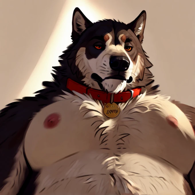 explicit furry Brown Husky artwork by sepulte,tuft,very fluffy,werecanid,big pecs,collar