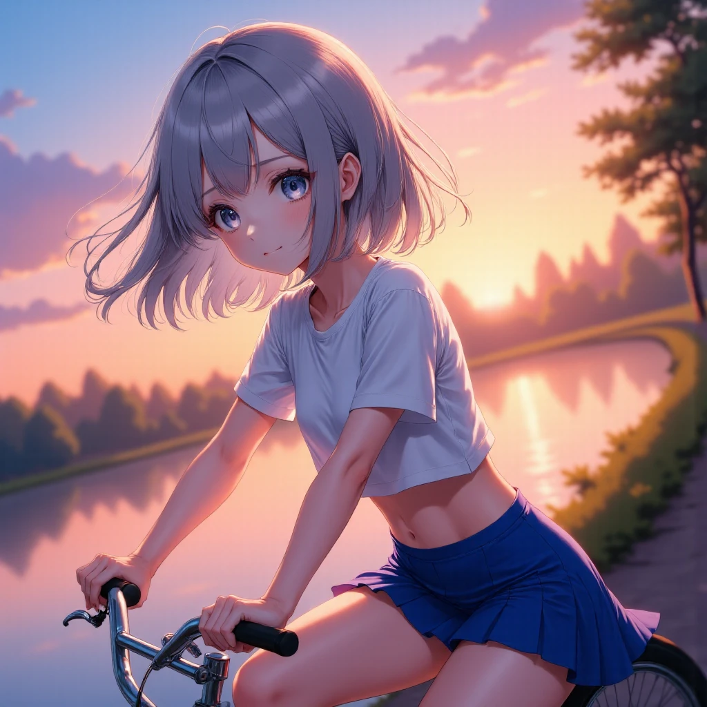  female elementary school student、The most beautiful 。Northern European features。Bewitching Smile。With a delicate figure、 flat chest。Shining silver hair 。The bangs are neatly trimmed。 bob cut to shoulder length。 eyes are large almond-shaped and 、Blue Eyes。I'm riding my bike and 、 can see my white panties。 wearing a crop top and micro miniskirt、 colors white and dark royal blue。Location、Along the river at sunset 。